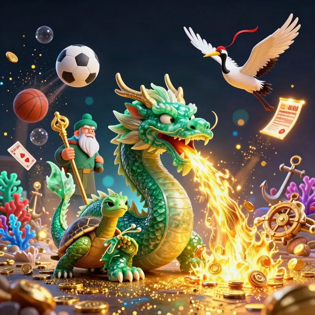 Dragon, turtle sage and cranes in a glowing treasure cove with sports balls and casino props.