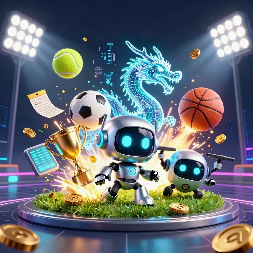 Cyberpunk robot, holographic dragon and drone amid flying sports balls, coins and gold light.