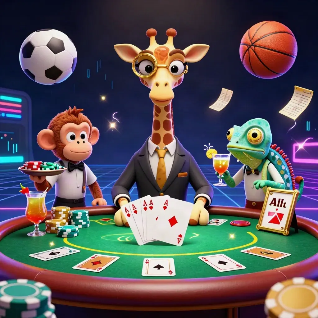 Neon casino animals at a poker table with chips, cards, and sports balls in a dramatic glow.