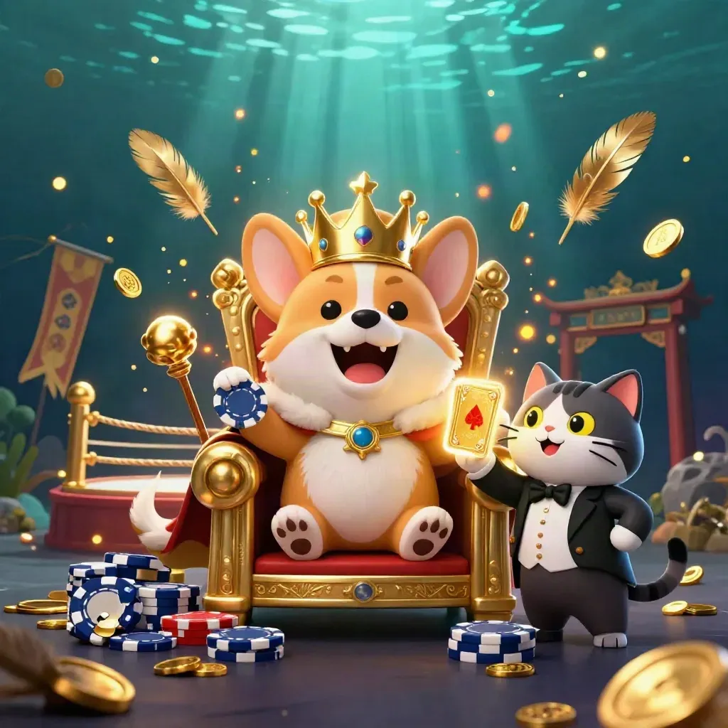 Royal corgi and cat butler on poker-chip throne amid gold coins, banners, and teal underwater light