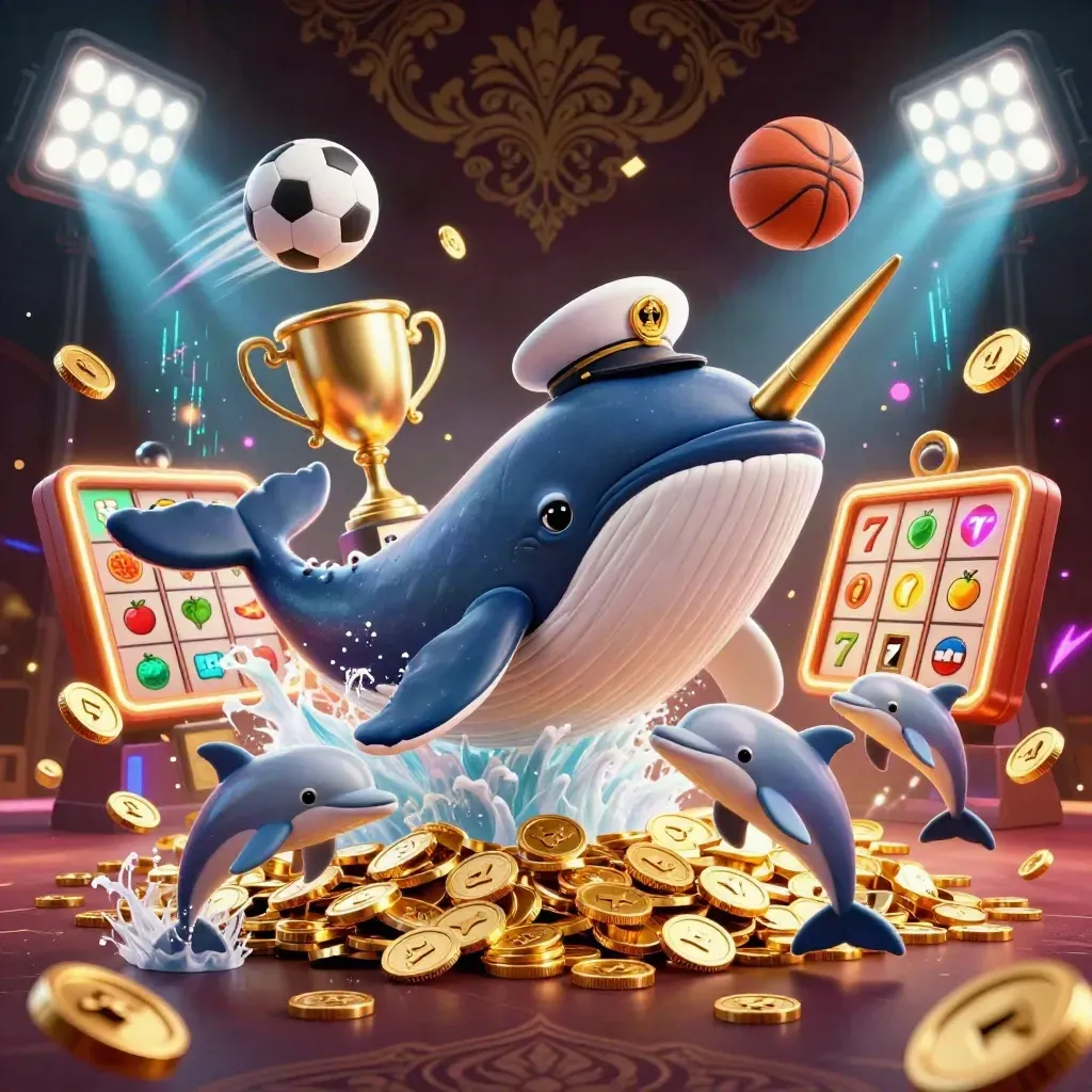 Whale captain, narwhal, and dolphins erupt through coins with slot symbols and stadium lights.
