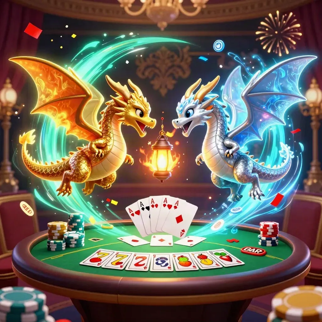 Gold and silver dragons spiral around chips, cards, and slot symbols in neon casino glow