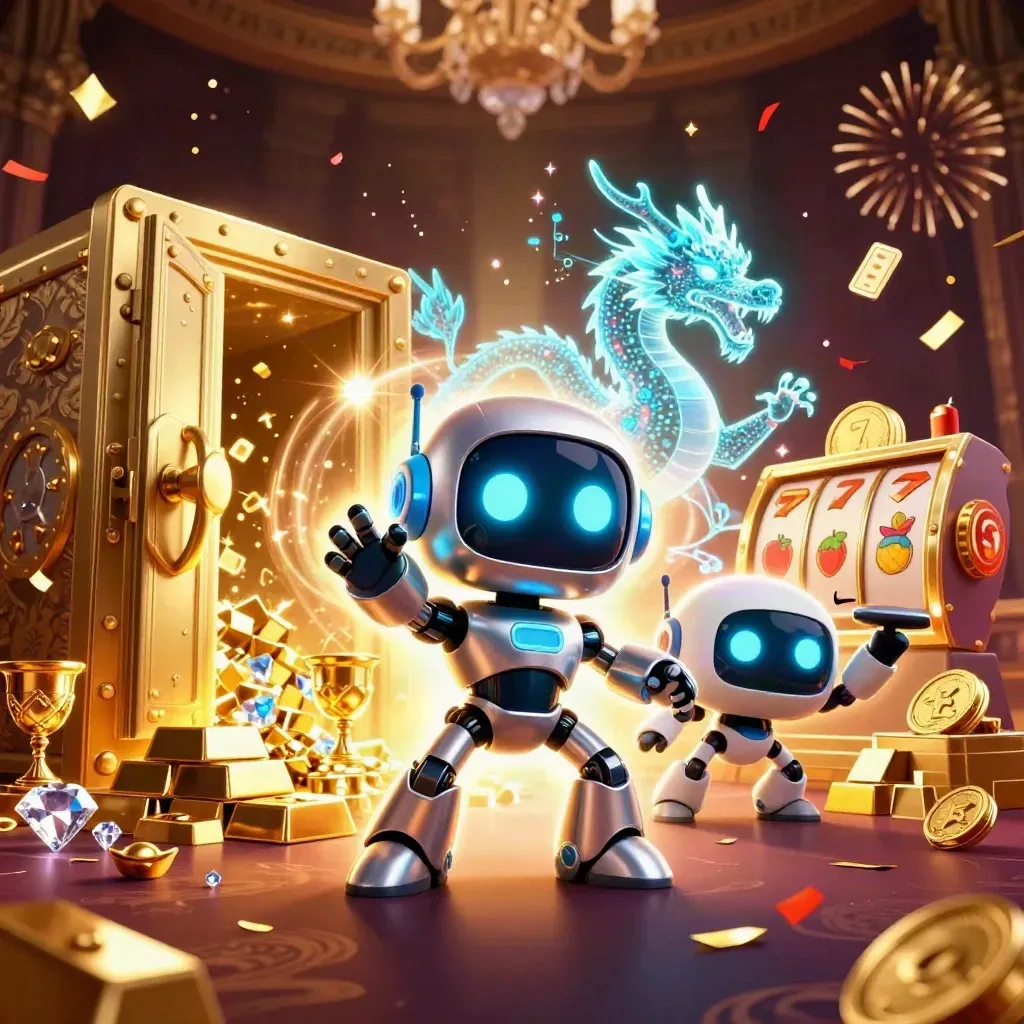Robot, holographic dragon, and drone amid gold vault, slot symbols, and neon casino glow