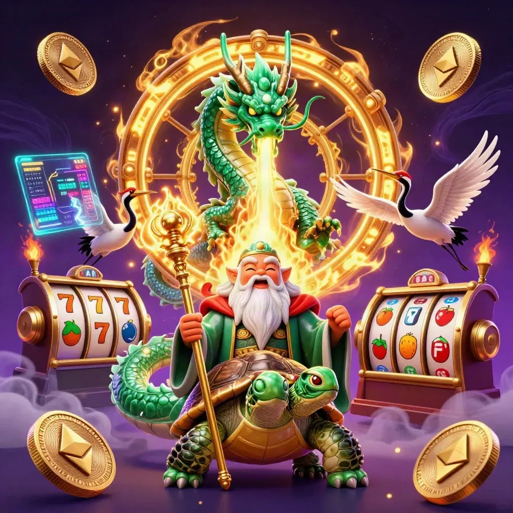 Jade dragon, turtle sage, and cranes amid casino coins, fire, and neon energy on a dark purple backdrop.
